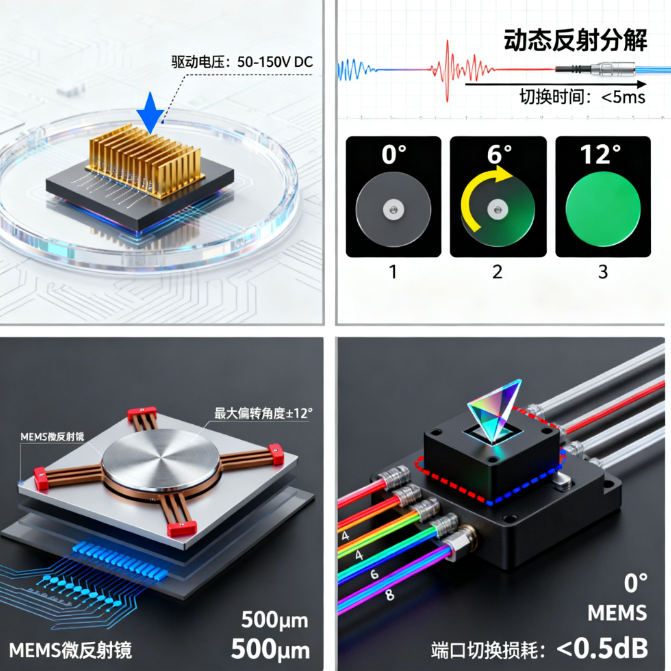 MEMS光開關(guān)工作原理靜電驅(qū)動微反射鏡光路切換光通信