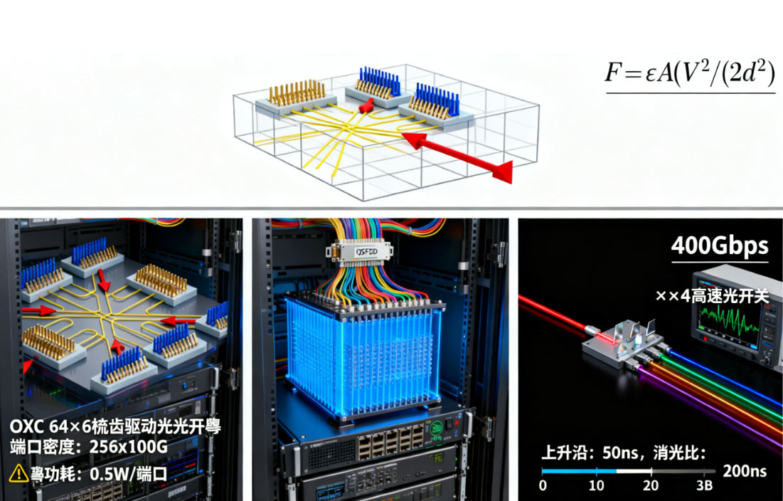 靜電梳齒驅(qū)動光開關(guān)結(jié)構(gòu)示意圖高速光開關(guān)數(shù)據(jù)中心OXC